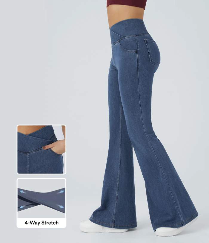 SweetCurves - Women’s High-Waisted Crossover Flared Jeans – Stretchy Denim Pants
