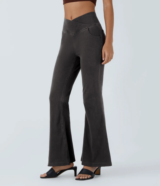SweetCurves - Women’s High-Waisted Crossover Flared Jeans – Stretchy Denim Pants