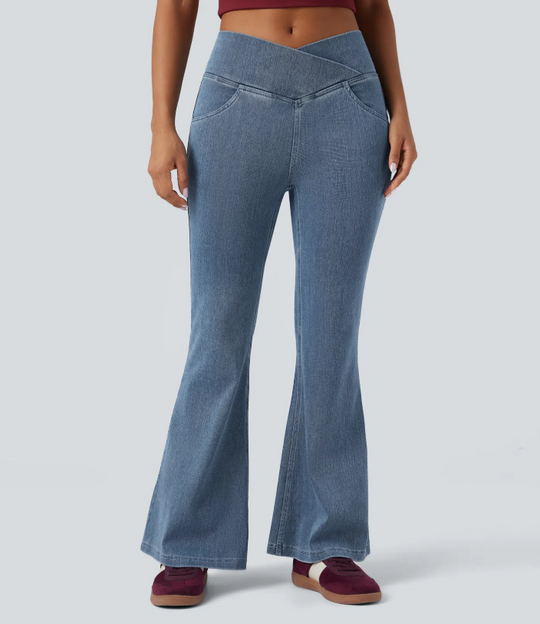 SweetCurves - Women’s High-Waisted Crossover Flared Jeans – Stretchy Denim Pants