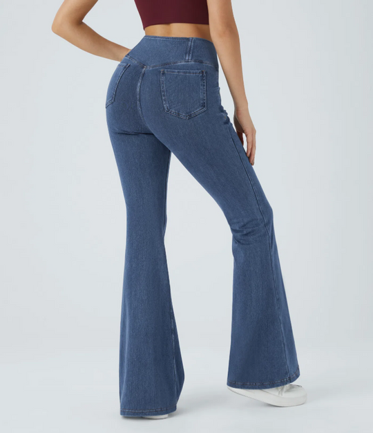 SweetCurves - Women’s High-Waisted Crossover Flared Jeans – Stretchy Denim Pants