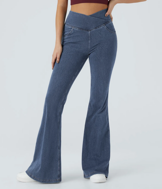 SweetCurves - Women’s High-Waisted Crossover Flared Jeans – Stretchy Denim Pants