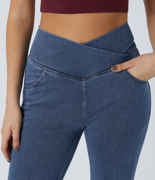 SweetCurves - Women’s High-Waisted Crossover Flared Jeans – Stretchy Denim Pants