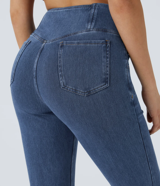 SweetCurves - Women’s High-Waisted Crossover Flared Jeans – Stretchy Denim Pants