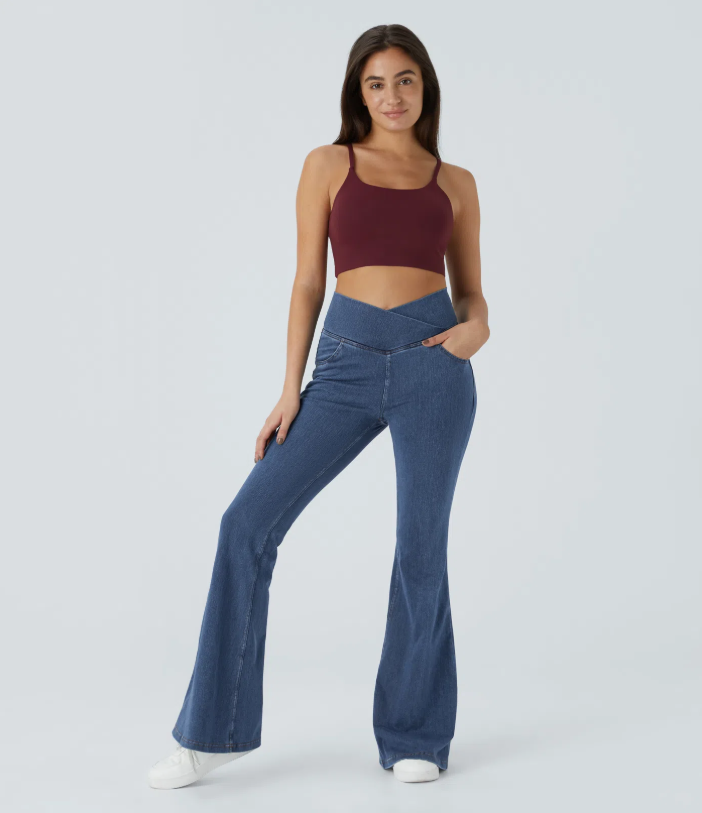 SweetCurves - Women’s High-Waisted Crossover Flared Jeans – Stretchy Denim Pants
