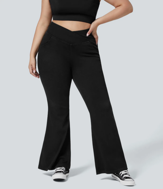 SweetCurves - Women’s High-Waisted Crossover Flared Jeans – Stretchy Denim Pants